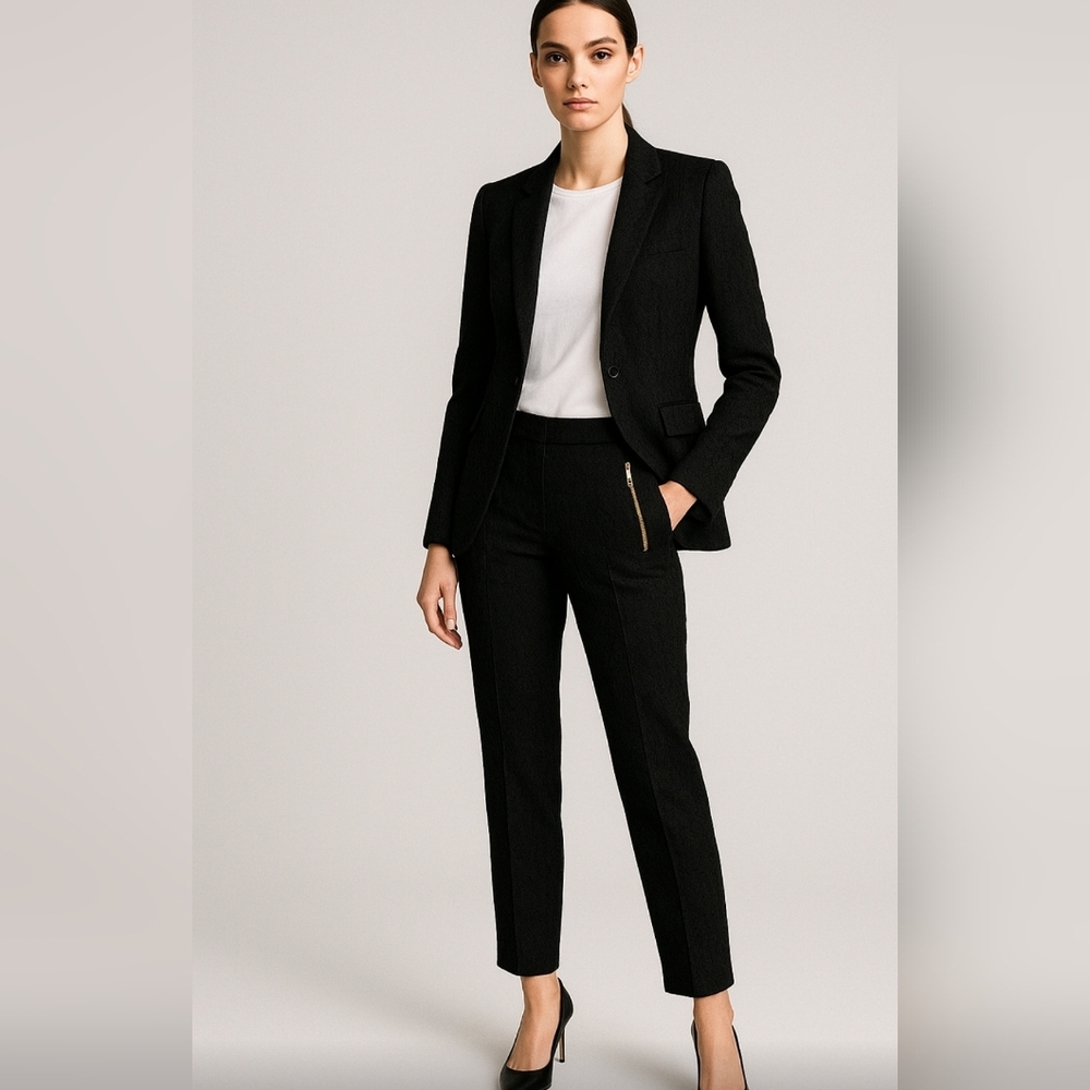 Reiss Black Lace Snakeskin Gold Zipper Tapered Trousers Size 6